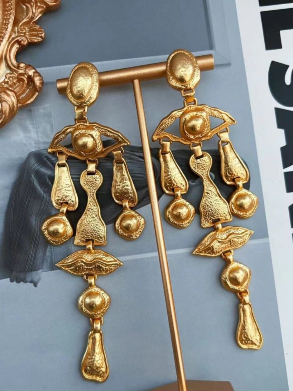 Schiaparelli Embossed Long Drop Earrings